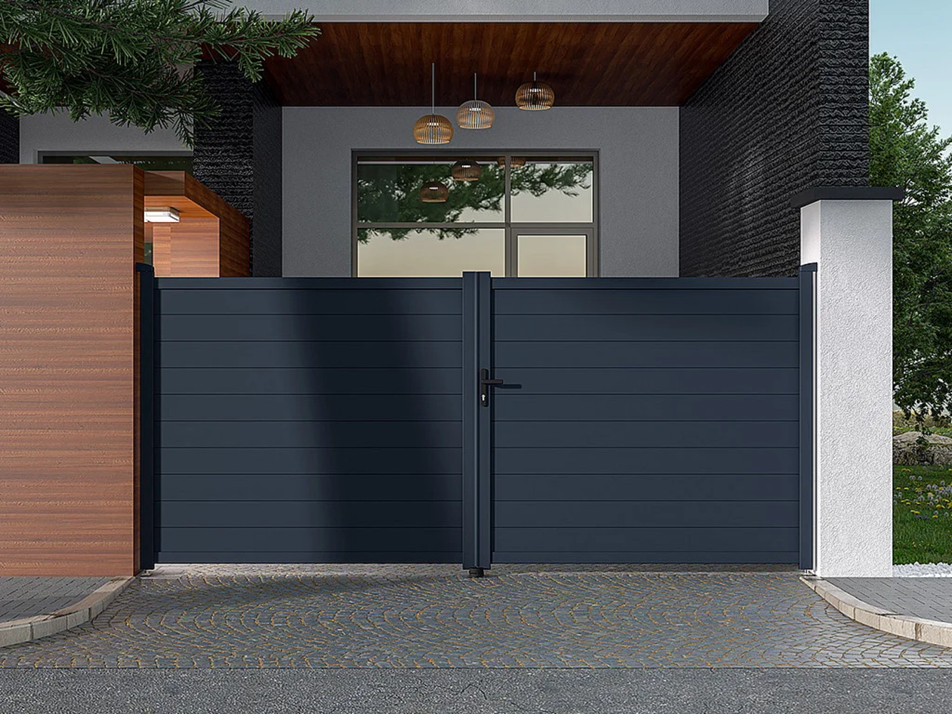 Vente-unique - Gartentor Flügeltor Doppeltor mit Torantrieb - 397 x 166 cm - voll - Aluminium - Anthrazit - NAZARIO Bild 1