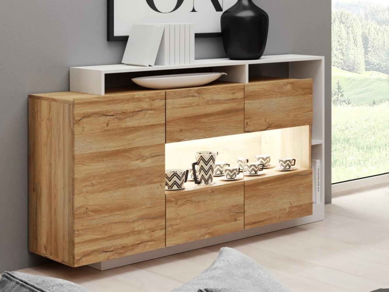 Vente-unique 'IDESIA' Sideboard mit 3 Türen, 3 Ablagen & LED-Beleuchtung, Holzspanplatte weiß / naturfarben, 155 x 44 x 93,5 cm Bild 1