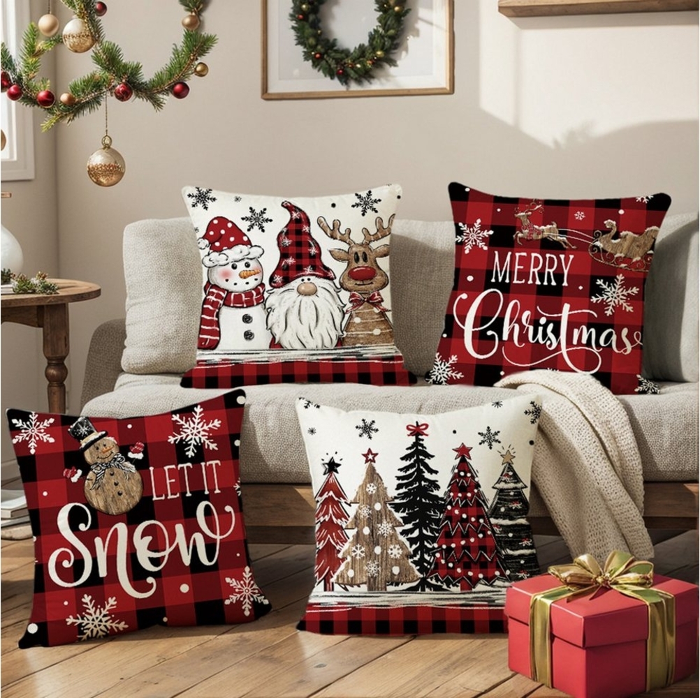 Jibenhome Kissenbezüge Weihnachten Kissenbezug 45x45cm,Leinen,4 Stück,für Dekokissen Deko, (4 Stück), Quadratisch Zierkissenbezug für Weihnachten Bett Sofa Esszimmer Deko Bild 1