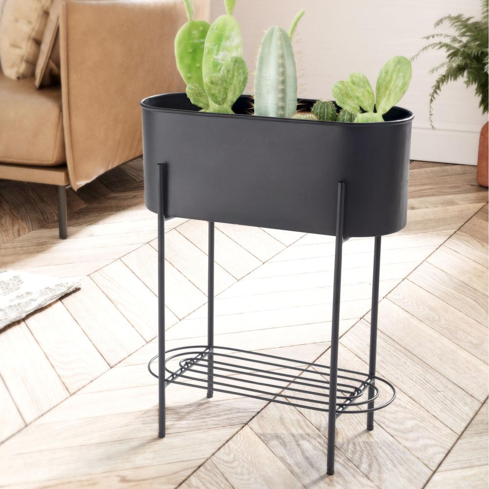 FineBuy Pflanzgefäß Metall 51x65x22 cm Pflanzkübel Schwarz mit Gestell und Ablage, Design Pflanzenkübel Blumenkasten Indoor, Blumenkübel Blumentopf Rechteckig Schwarz Bild 1