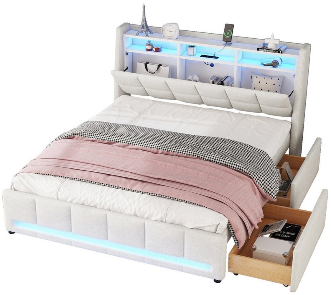 MODFU Polsterbett Doppelbett Gästebett Jugendbett Stauraumbett Kinderbett Funktionsbett (mit LED-Beleuchtung, USB-Stecker & Schubladen, ideal für Schlafzimmer & Jugendzimmer, 160x200 cm), Ohne Matratze Bild 1