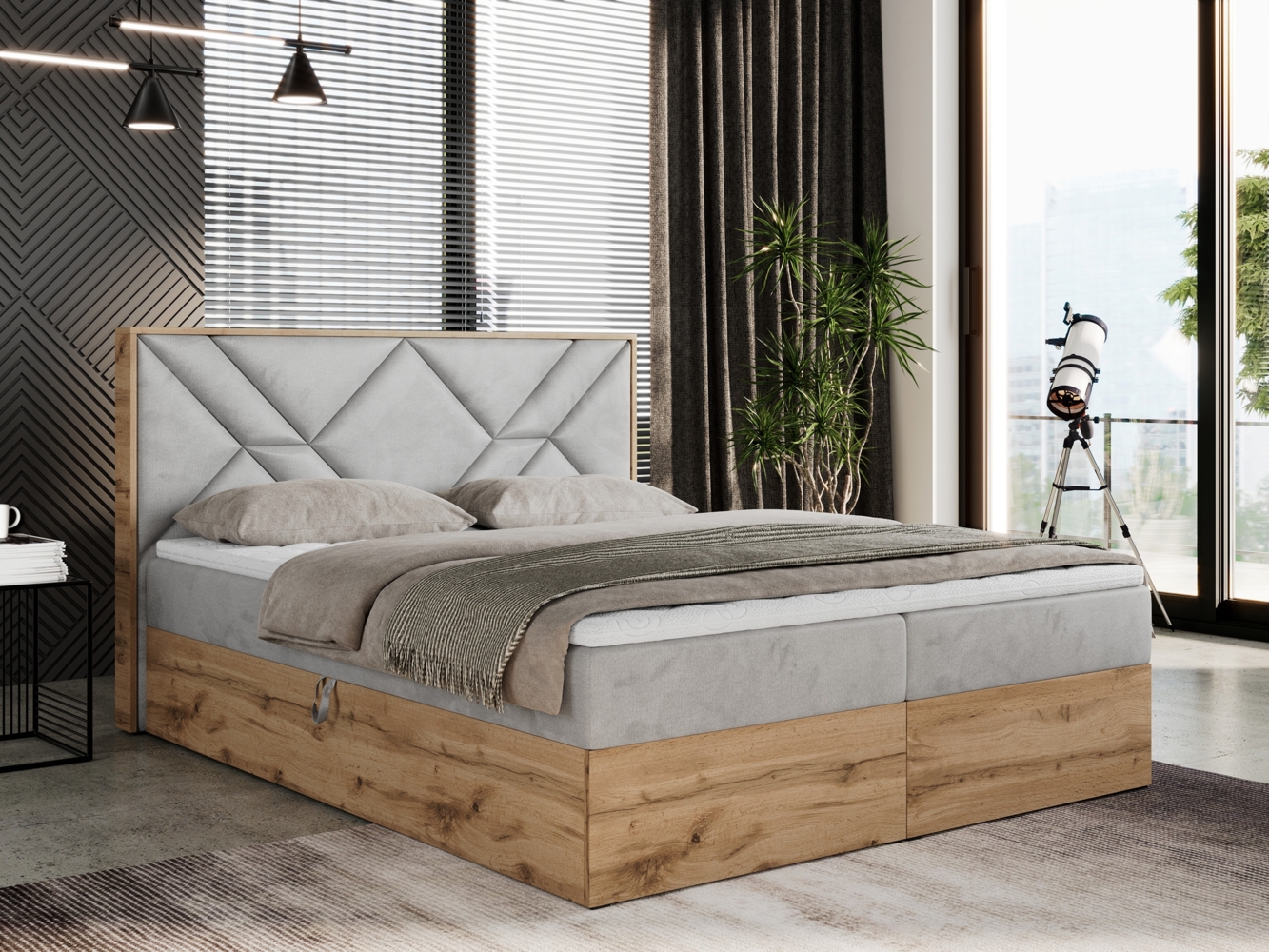 Boxspringbett mit Kopfteil und Topper, Polsterbett - GUNAR - 140 x 200 cm - Hellgrau Velvet - H3 - Topper T25 Bild 1