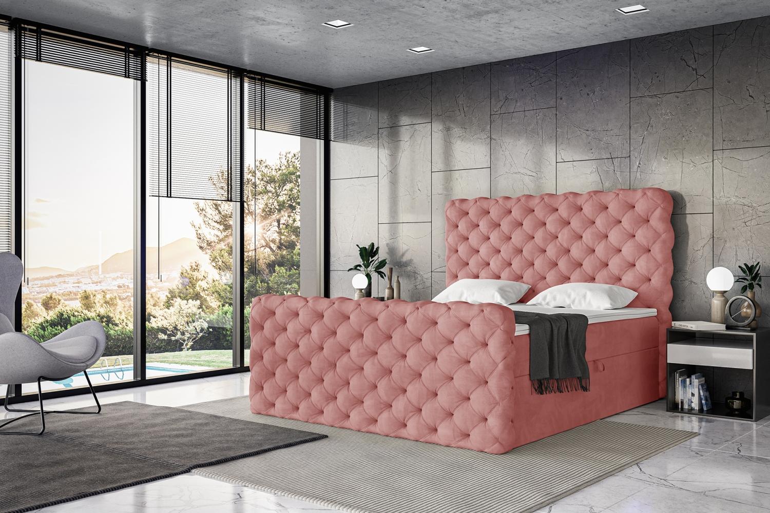 MEBLINI Boxspringbett DUKE 160x200 cm mit Bettkasten - H3/Rosa Samt Polsterbett - Doppelbett mit Topper & Taschenfederkern-Matratze Bild 1