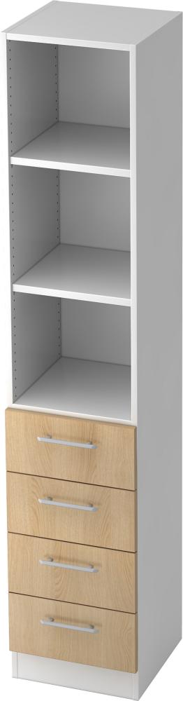 bümö office Aktenschrank Regal mit Schubladen, Büroschrank schmal aus FSC-Holz, 40cm breit in Weiß/Eiche - Aktenregal & Schubladenschrank mit Relinggriffen, Büro Möbel Schrank System, 7600-W-E-SG Bild 1