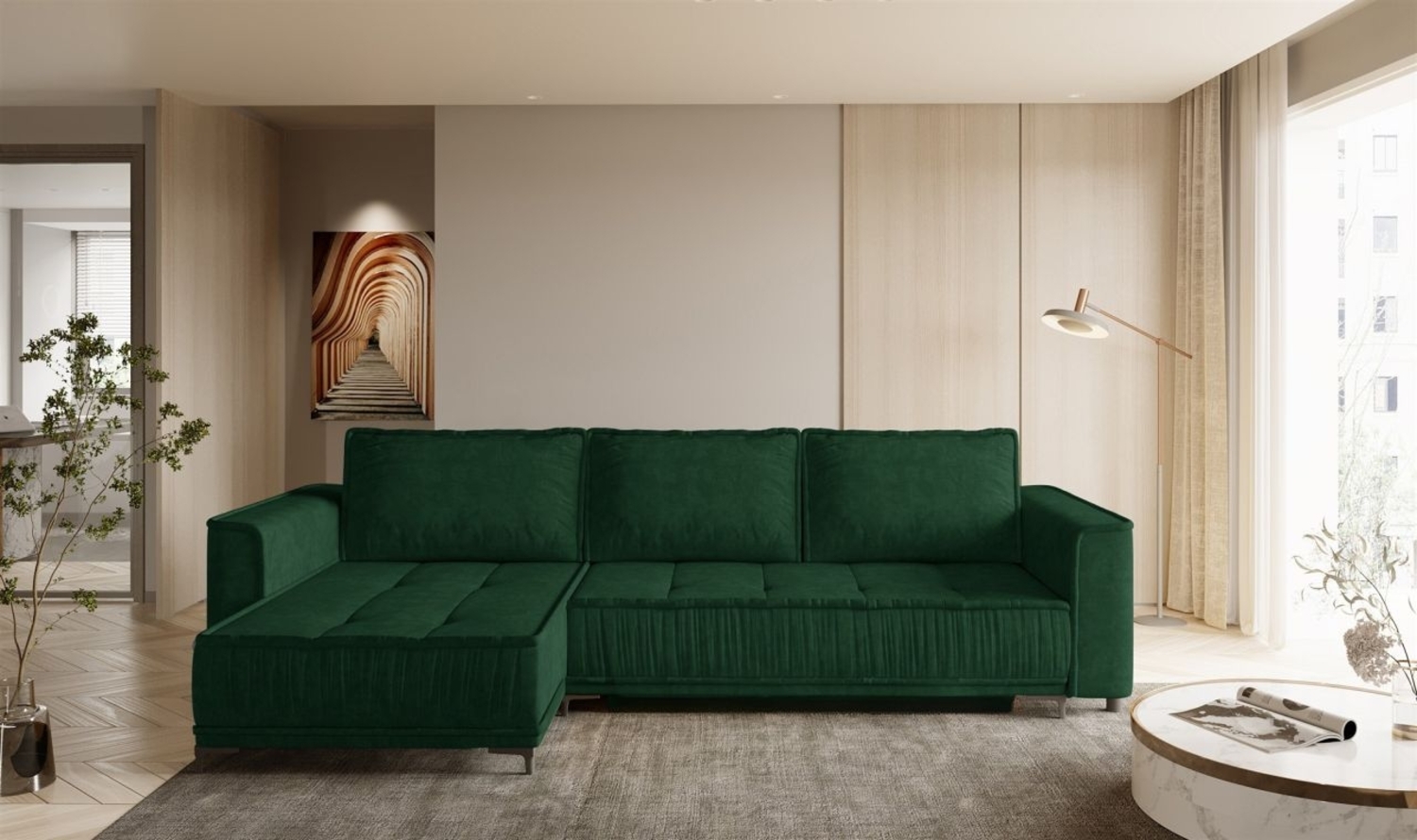 Ecksofa Schlafsofa Sofa JUNA Stoff Terra Flaschengrün Ottomane Links Bild 1