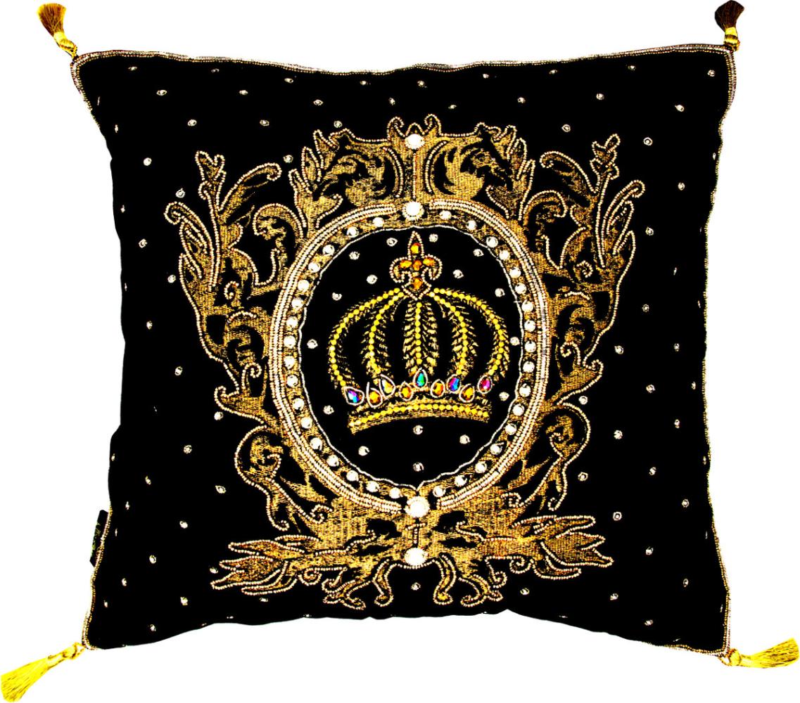 Harald Glööckler Luxus Barock Deko Kissen Pompöös by Casa Padrino Crown & Stars Schwarz / Gold aufwendig verziert mit Pailletten und Glitzersteinen Bild 1