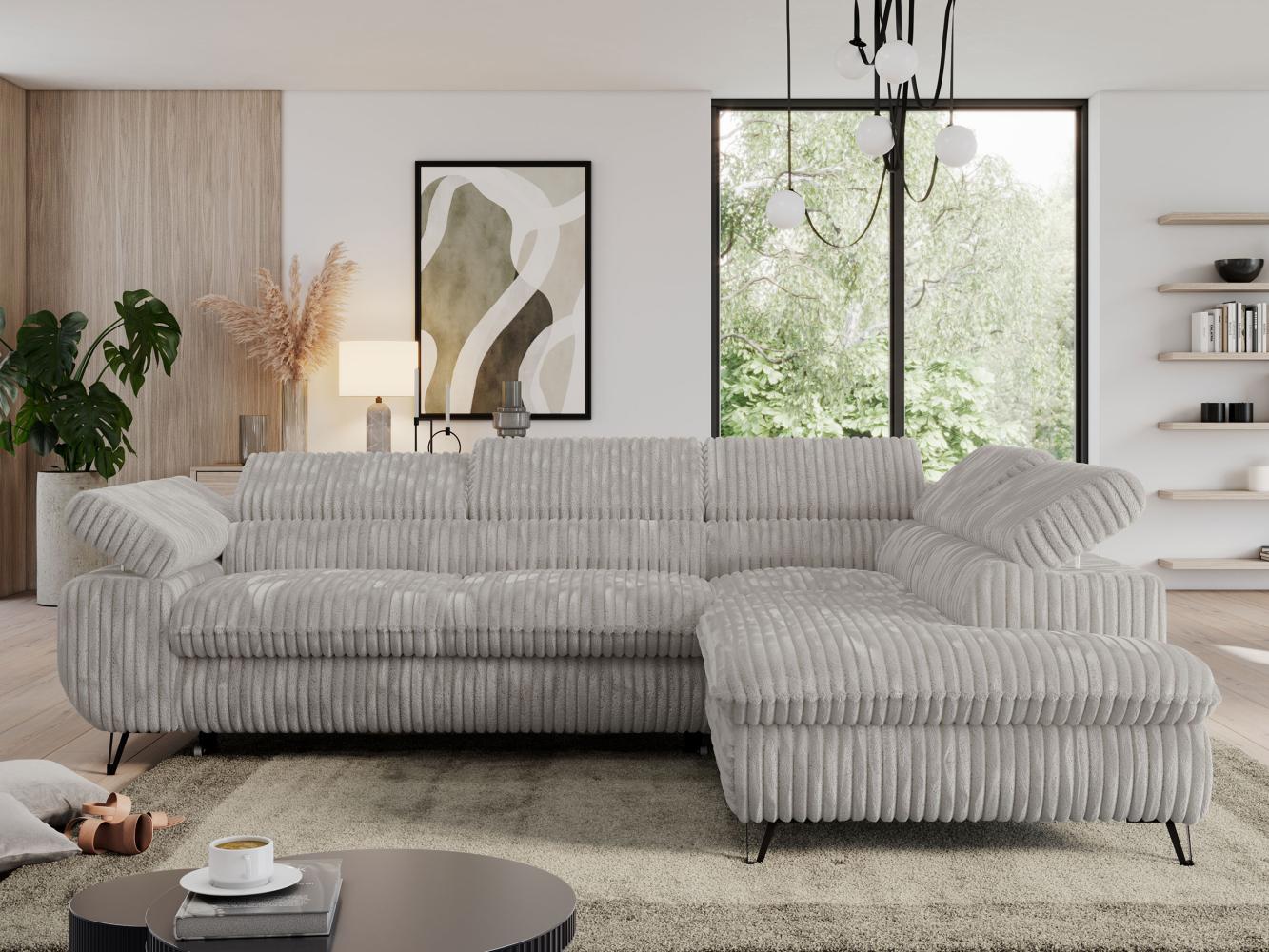 Ecksofa mit Bettfunktion, Modern Sofa, L-form, Einstellbare Kopfstützen, Bettkasten, PEDRO, 1x Ecksofa, Hellgrau, Cord, rechts Bild 1