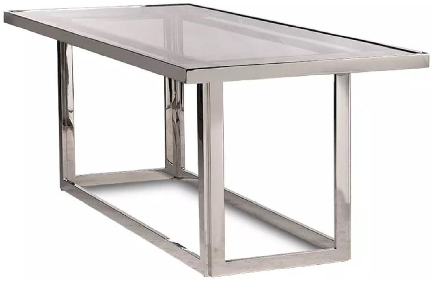Casa Padrino Luxus Esstisch Silber 220 x 90 x H. 77 cm - Rechteckiger Metall Esszimmertisch mit Glasplatte - Esszimmer Möbel - Luxus Möbel Bild 1
