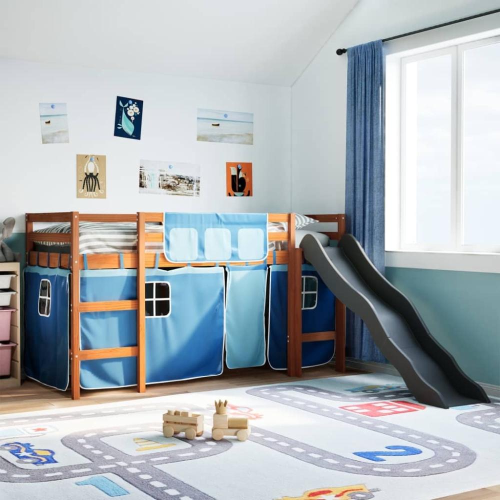 vidaXL Kinderhochbett mit Vorhängen Blau 90x190 cm Massivholz Kiefer 3309090 Bild 1