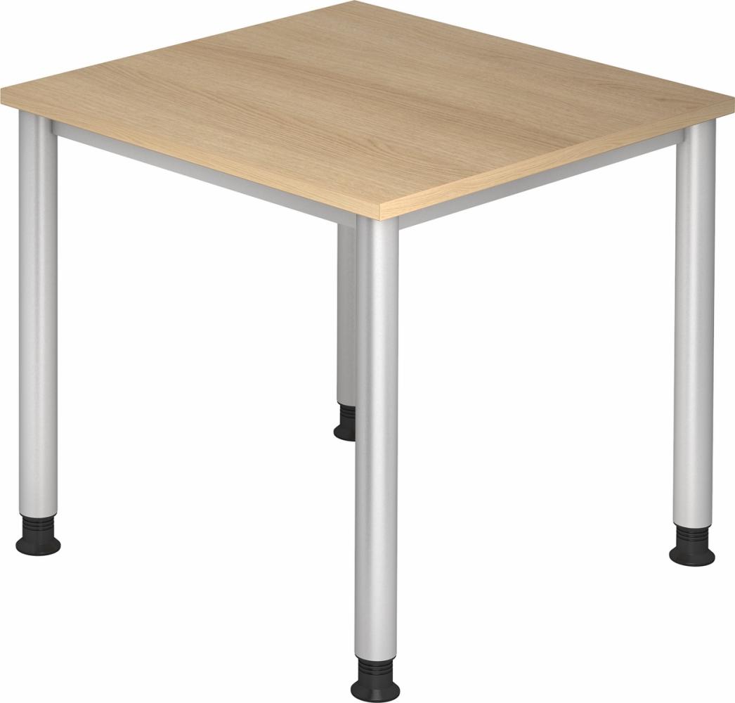 bümö höhenverstellbarer Schreibtisch H-Serie 80x80 cm in Eiche, Gestell in Silber - PC Tisch klein für's Büro manuell höhenverstellbar, Computertisch verstellbar, HS-08-E Bild 1