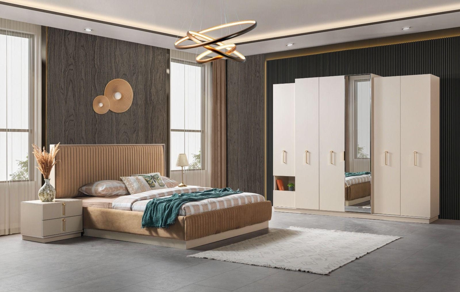 Schlafzimmer-Komplettset "Orion" – Bett mit Bettkasten, Kleiderschrank, Nachttische, Kommode-Beige Bild 1