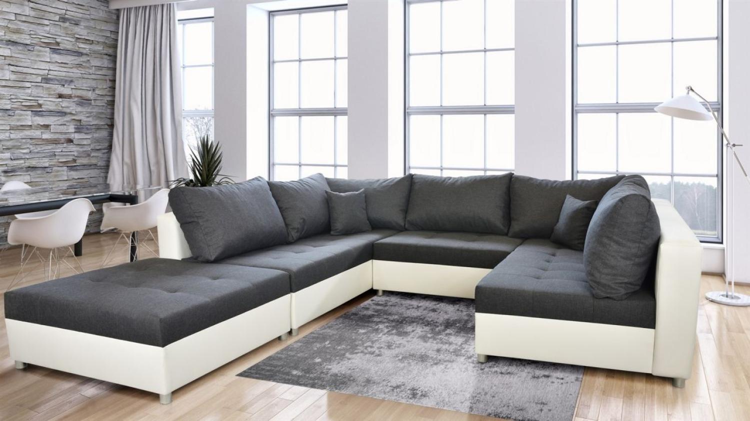 Wohnlandschaft Sofa ANDRO mit Schlaffunktion und Hocker Weiss-Dunkelgrau Bild 1