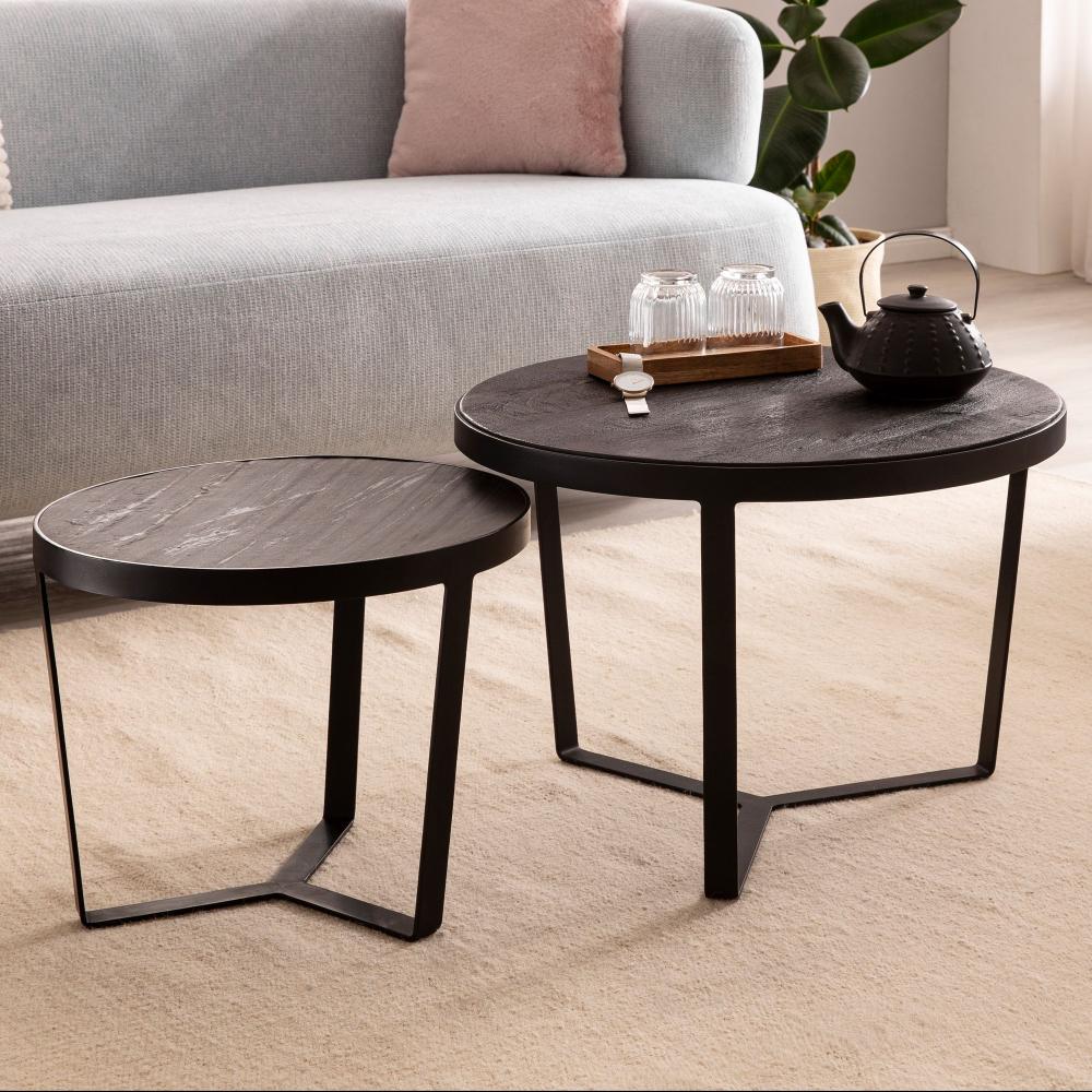 FineBuy Couchtisch 2er Set Akazie Massivholz / Steinoptik Wohnzimmertisch Rund, Satztisch mit Metallgestell, Kaffeetisch Modern, Sofatisch Verschachtelungstisch 2-teilig Schwarz Bild 1