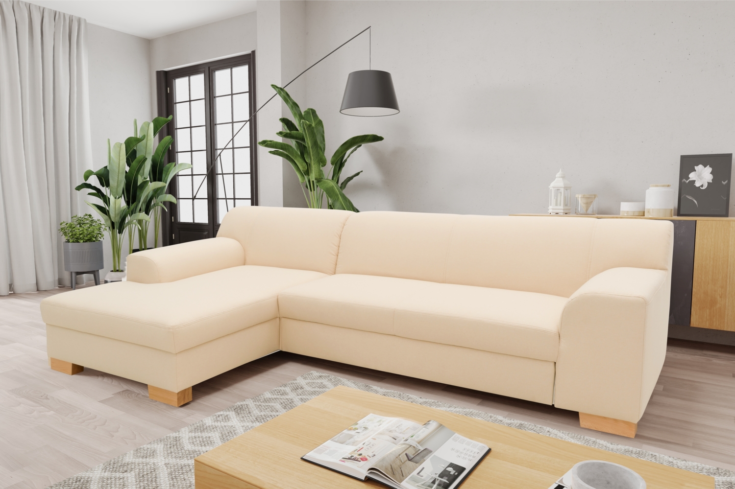 DOMO. collection Ecksofa Tinos, Couch in L-Form mit Schlaffunktion, Beine aus Buche mit Filzgleitern, Sofa, Polsterecke, Eckcouch, Schlafsofa 273 x 157 x 74 cm (BxTxH), beige Bild 1