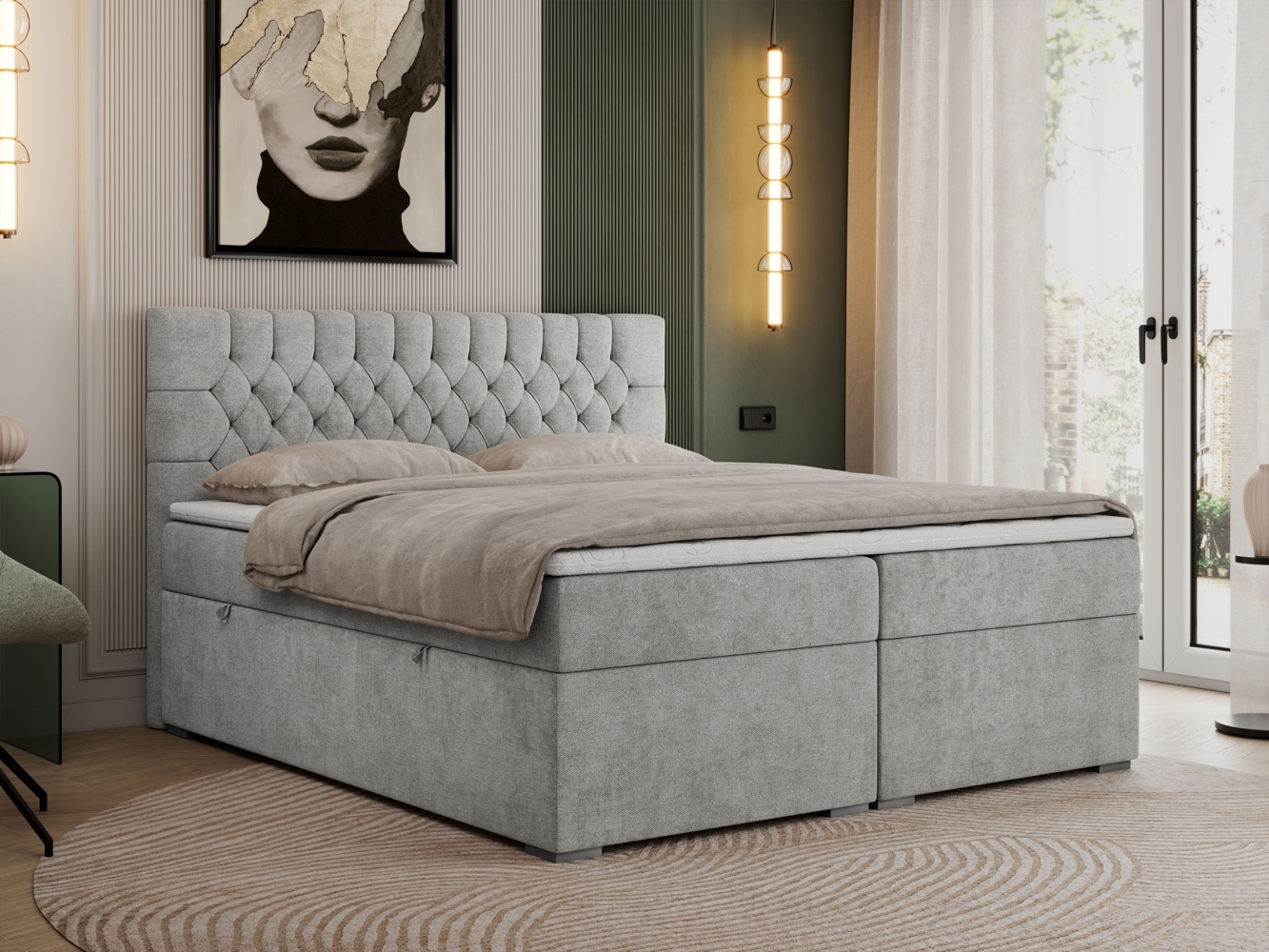 Boxspringbett mit 2 Bettkästen, Matratze und Topper - PERA - 140x200cm - Hellgrau Stoff - H3 Bild 1