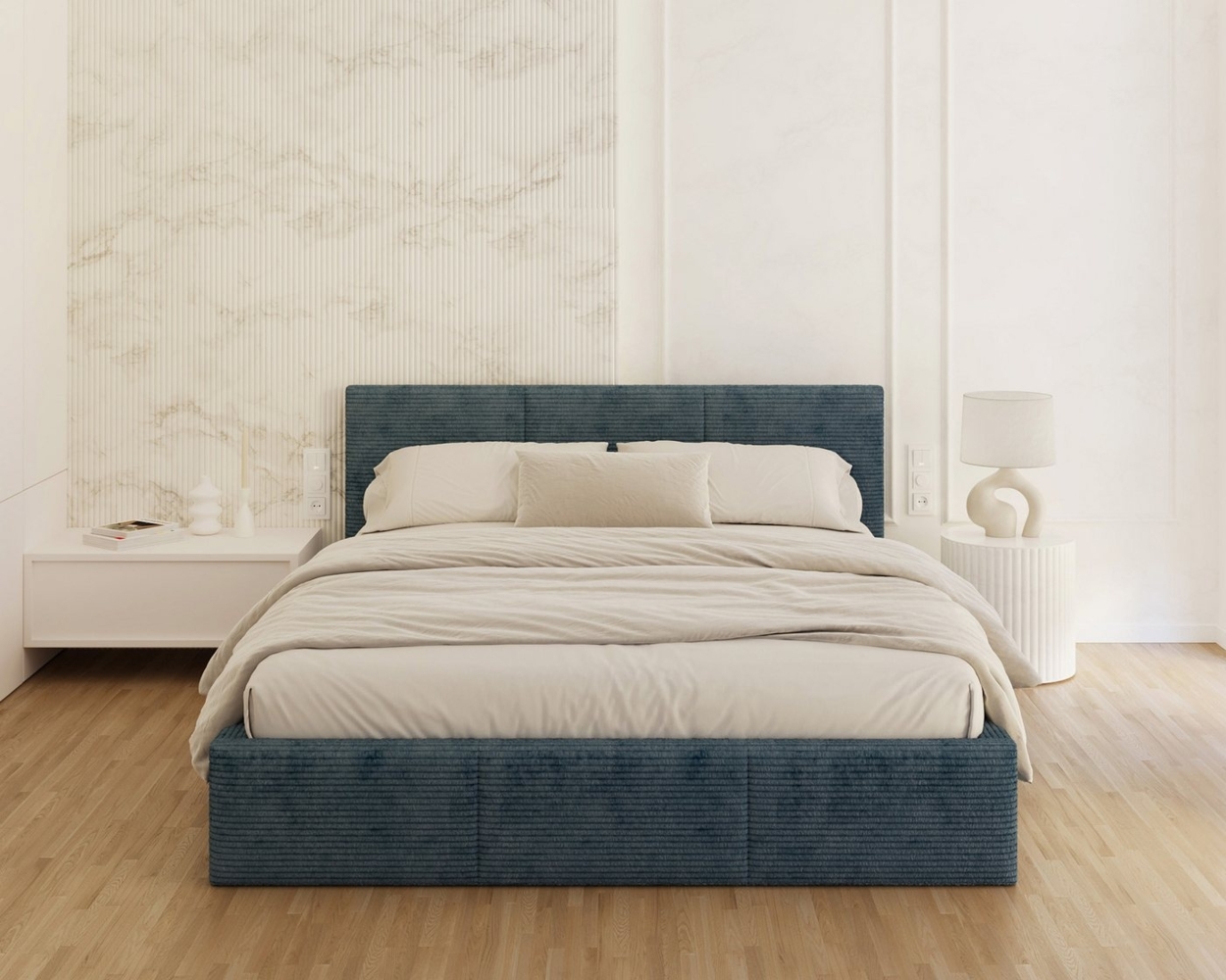 FDM Polsterbett mit Bettkasten Stauraumbett, aus hochwertigem CORD Stoff Bezug (verfügbar 90x200 120x200 140x200 160x200 180x200cm, Bettrahmen, Bett, mit großen gepolsterten Kopfteil, mit Bettkasten zum aufklappen), Metallrahmen mit Lattenrost, hydraul... Bild 1