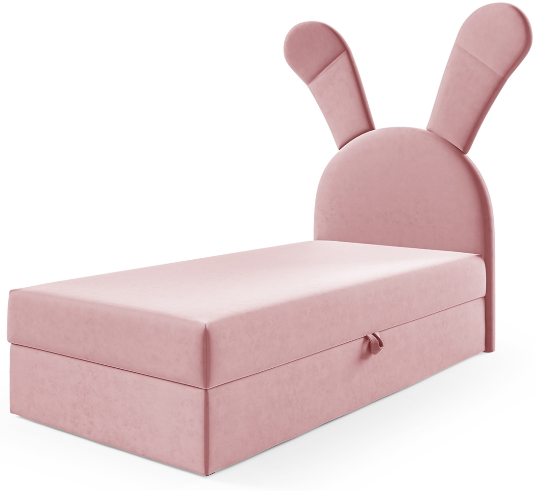 MEBLINI Kinderbett mit Bettkasten KANINCHEN 100x200 Rechts – H3/Rosa Samt Gepolstert Einzelbett mit Matratze - Polsterbett mit Stauraum - Bett mit Kopfteil – Stauraumbett Bild 1