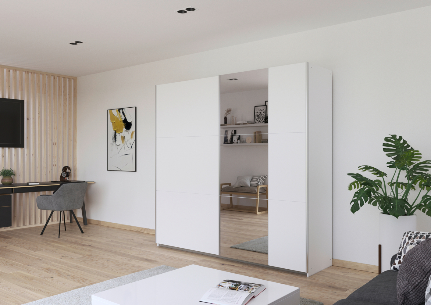 Schwebetürenschrank Klara / Kronach , Holzwerkstoff , Weiß , 218 x 210 x 59 cm Bild 1