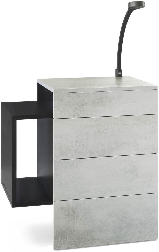 Vladon Nachttisch Queens, Nachttischschrank mit 2 Schubladen und 1 seitlichem Fach zur Wandmontage, Schwarz matt/Beton Oxid-Optik, inkl. LED Flexi Lampe schwarz (60 x 63 x 36 cm) Bild 1