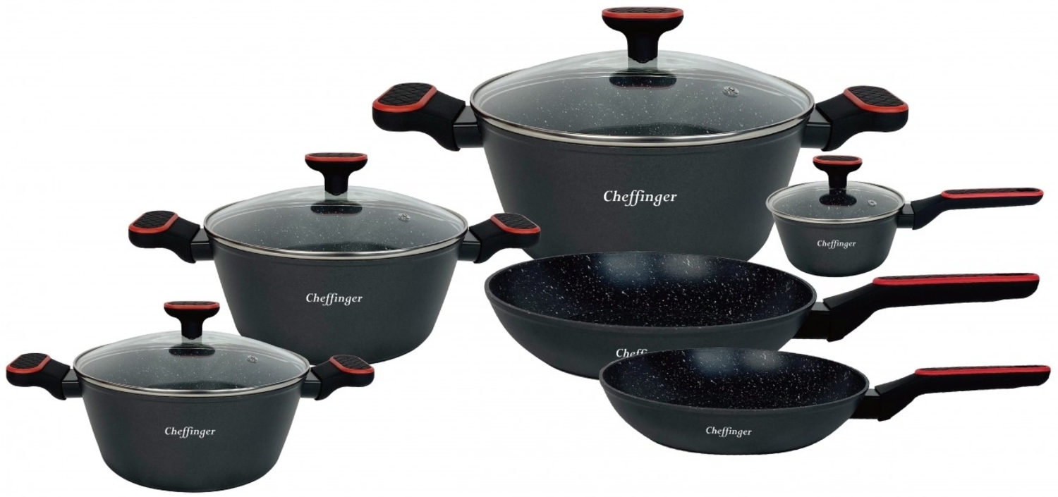 Kochtopf Kasserolle Bratpfannen Set 10-tlg schwarz + Deckel Cheffinger FA-2010B Bild 1