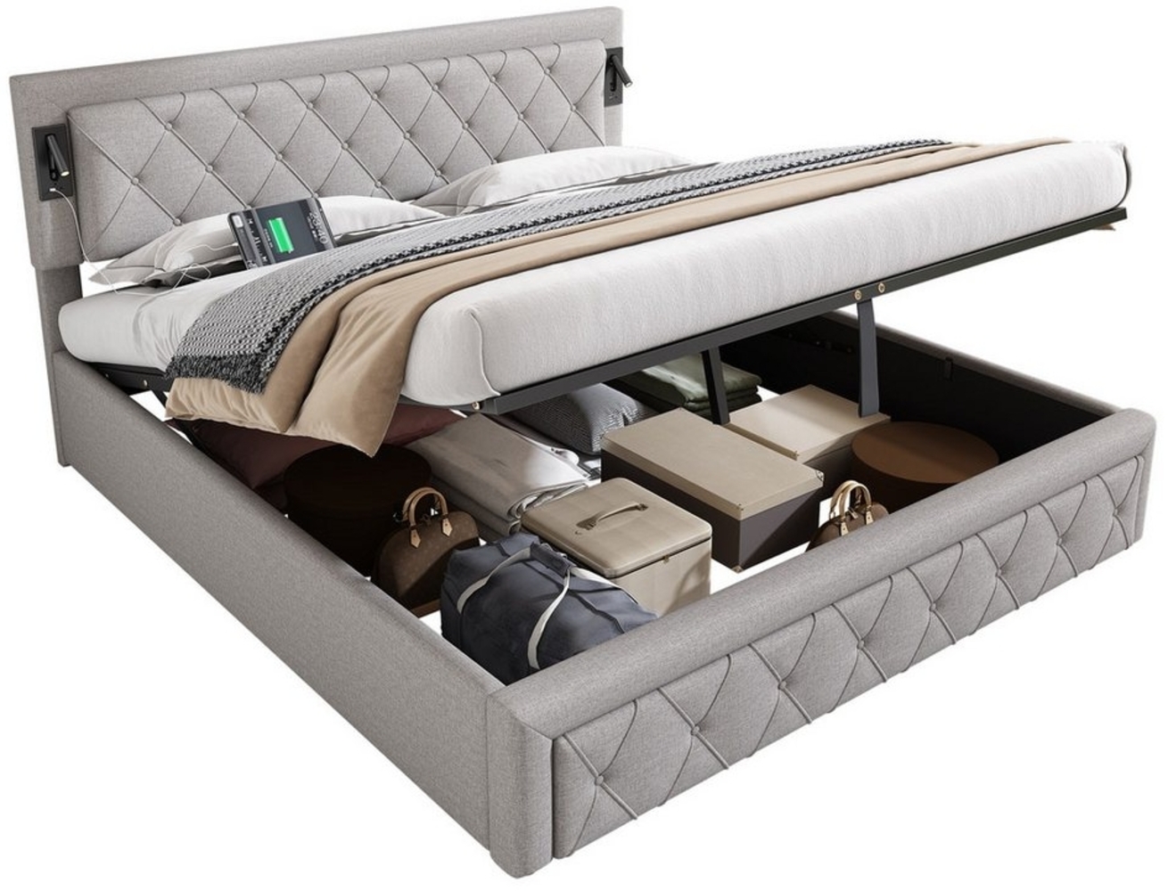 Ulife Boxspringbett Polsterbett mit USB-Schnittstelle und Schlafzimmerleuchte (1-St, Ohne Matratze), mit Lattenrost und Rautenstreifen-Kopfteil 180*200cm grau Bild 1