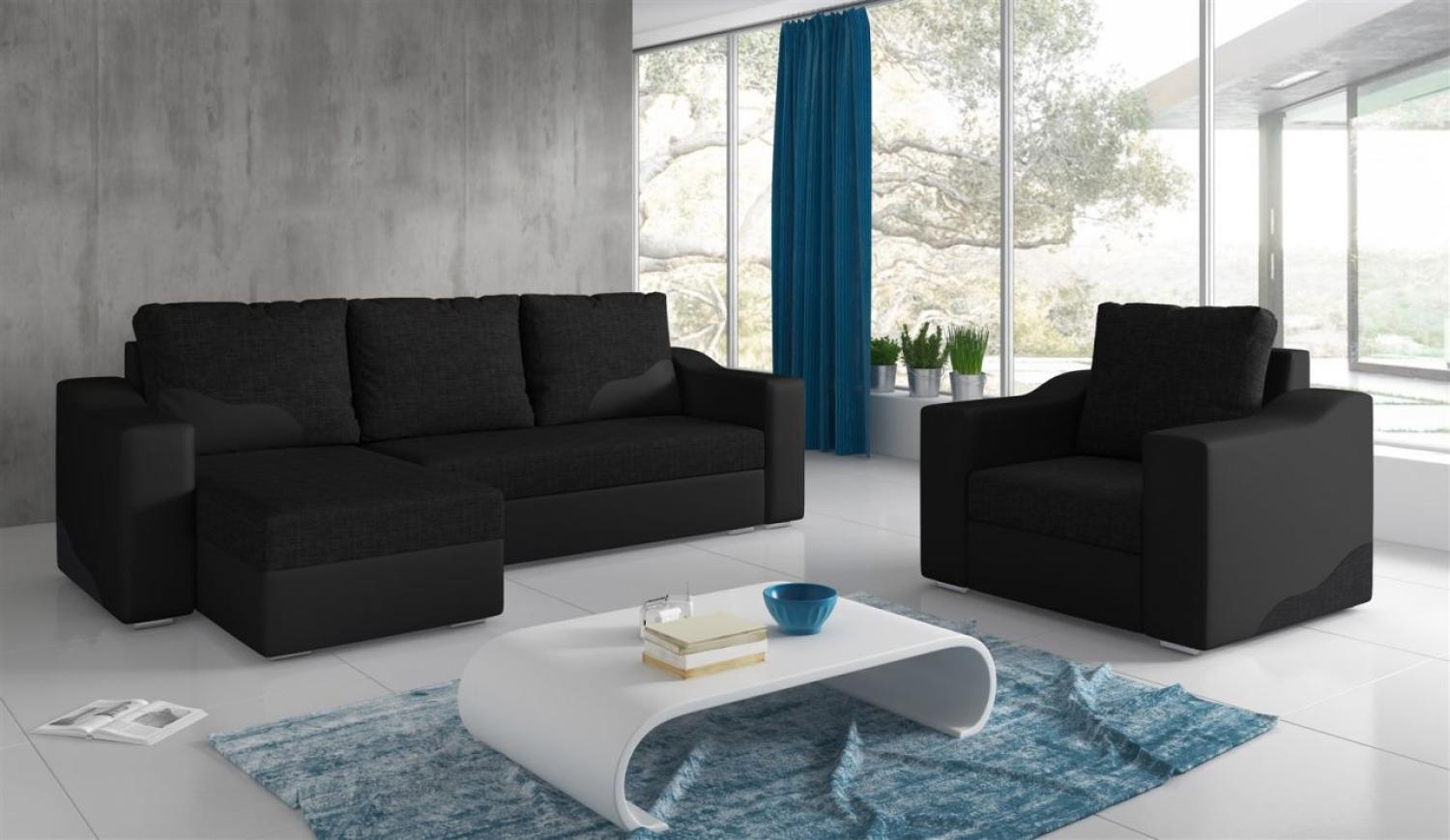 Ecksofa Set COLLIN Ottomane Links + Sessel Schwarz Bild 1