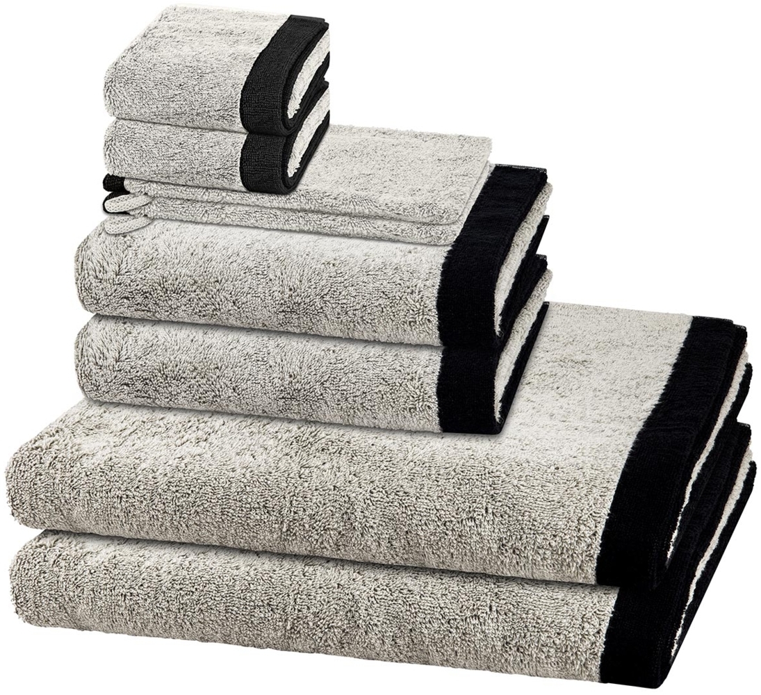 Cawö Lifestyle Splash 8 tlg. Frottier-Set - 2 X Handtuch (50 X 100cm), 2 X Duschtuch (70 X 140cm), 2 X Gästetuch (30 X 50cm), 2 X Waschhandschuh (16 X 22cm) - 522 g/m2 - Platin / schwarz Bild 1