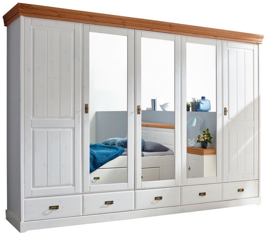 Lomadox Kleiderschrank SAVONA-69 Kiefer massiv weiß gewachst mit honigfarben, 3 Schubkästen, 5 Türen Bild 1