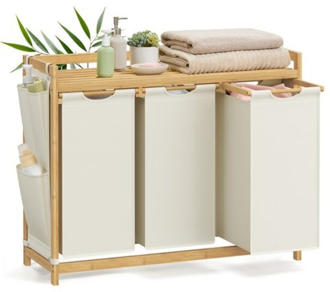 SONGMICS Wäschekorb 3 Fächer, Bambus, 150 L, mit Ablage, kleine seitliche Taschen, 3 x 50 L, cremeweiß, 94 x 33 x 78 cm Bild 1