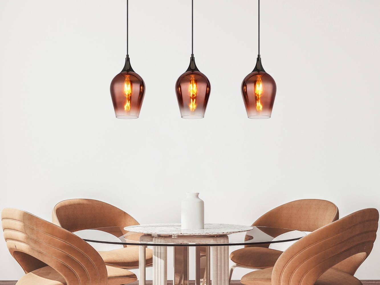 Ausgefallene LED Pendelleuchte mit drei Kupferfarbigen Schirmen, Breite 83cm Bild 1