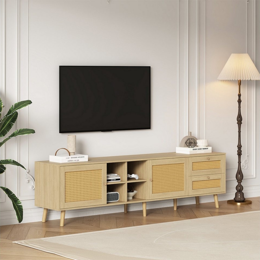 XDeer TV-Schrank TV-Schrank aus Holz und Rattan mit 2 Rattan-Türen 2 Rattan-Schubladen TV-Tisch TV-Ständer 180*40*55 cm Bild 1