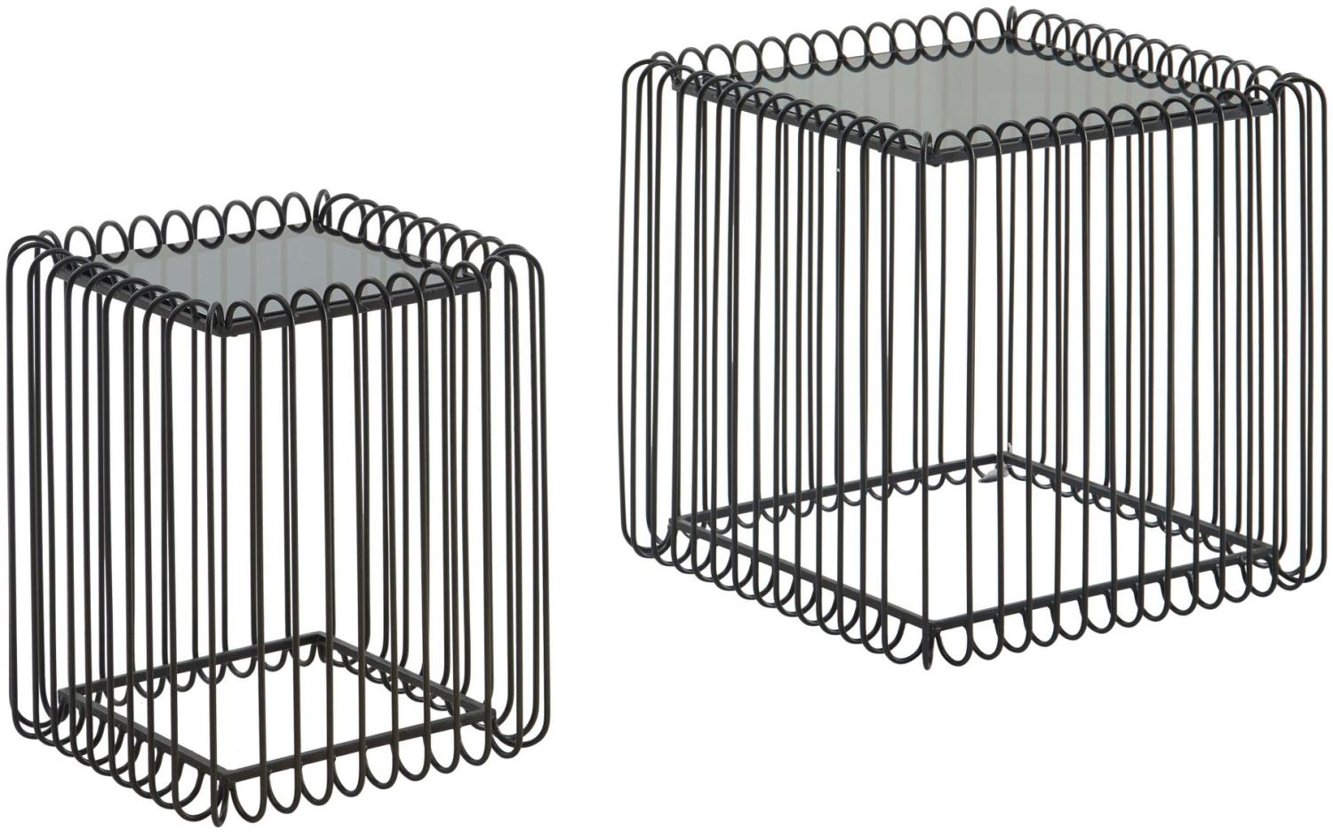 Beistelltisch 2er Set Schwarz Design Satztisch Glas Metall Eckig | Drahttisch Modern | Wohnzimmertisch Couchtisch Quadratisch | Sofatisch 2-teilig | Korbtisch abnehmbare Tischplatte Bild 1