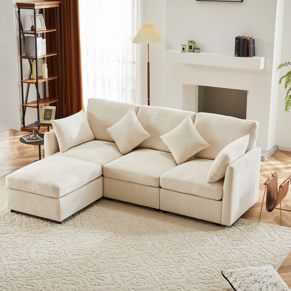 Merax Chenille-Stoffsofa, Dreisitzer-Sofa, Viersitzer-Sofa, L-förmiges Ecksofa mit Fußhocker, Beige Bild 1