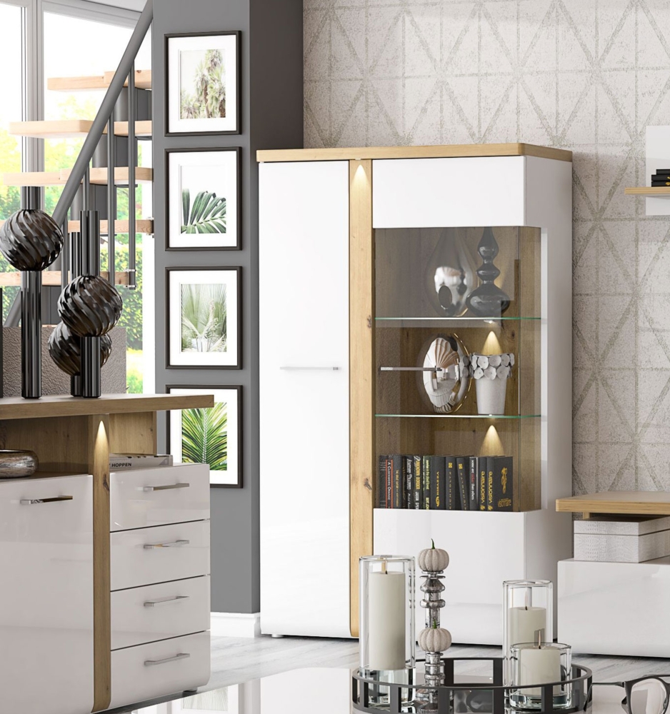 Vitrine Glasvitrine Standvitrine 93,5cm weiß hochglanz artisan eiche Mordern Bild 1