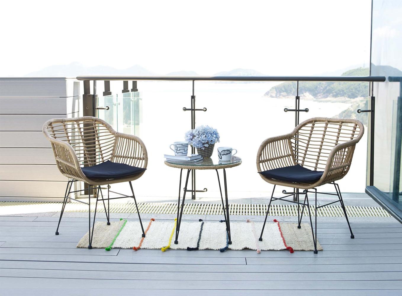 Poly-Rattan Garnitur HWC-G17, Balkon-Set Gartengarnitur Sitzgruppe Stuhl, Seil ~ naturfarben, Kissen anthrazit Bild 1