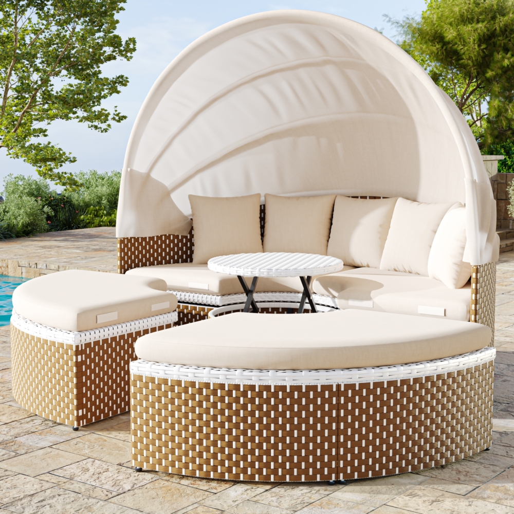 Merax Garten-Lounge-Sessel-Set, Sonneninsel, Rattan-Gartentisch und Stühle-Set, ausziehbares Baldachin, anhebbare Tischplatte, Beige Bild 1