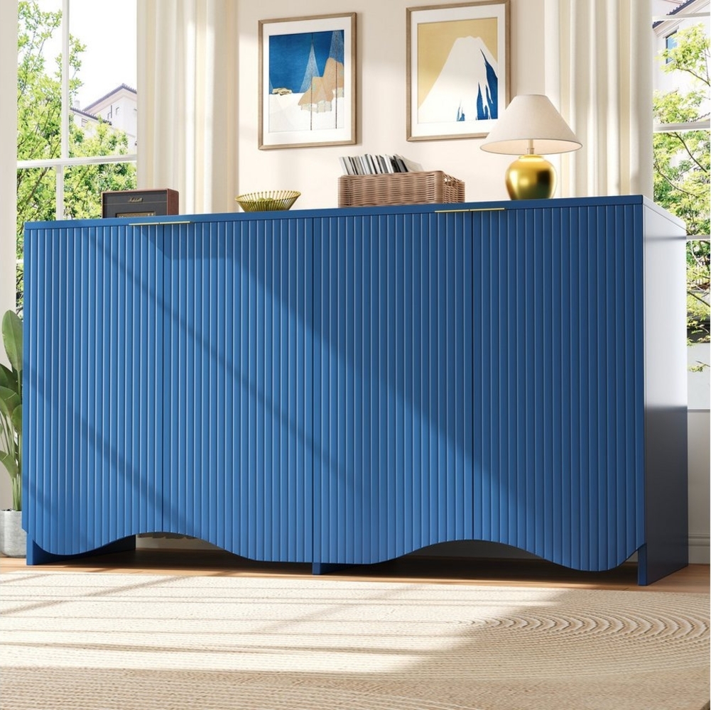 HAUSS SPOLE Sideboard 140×40×85cm mit 4 Türen Wellenmuster-Design, für Wohnzimmer Blau (Modisches Sideboard mit Wellenmuster-Design, verstellbaren Regalen, Anti-Kipp-Mechanismus und robusten MDF-Materialien – Perfekte Aufbewahrung für Wohnzimmer, Esszi... Bild 1
