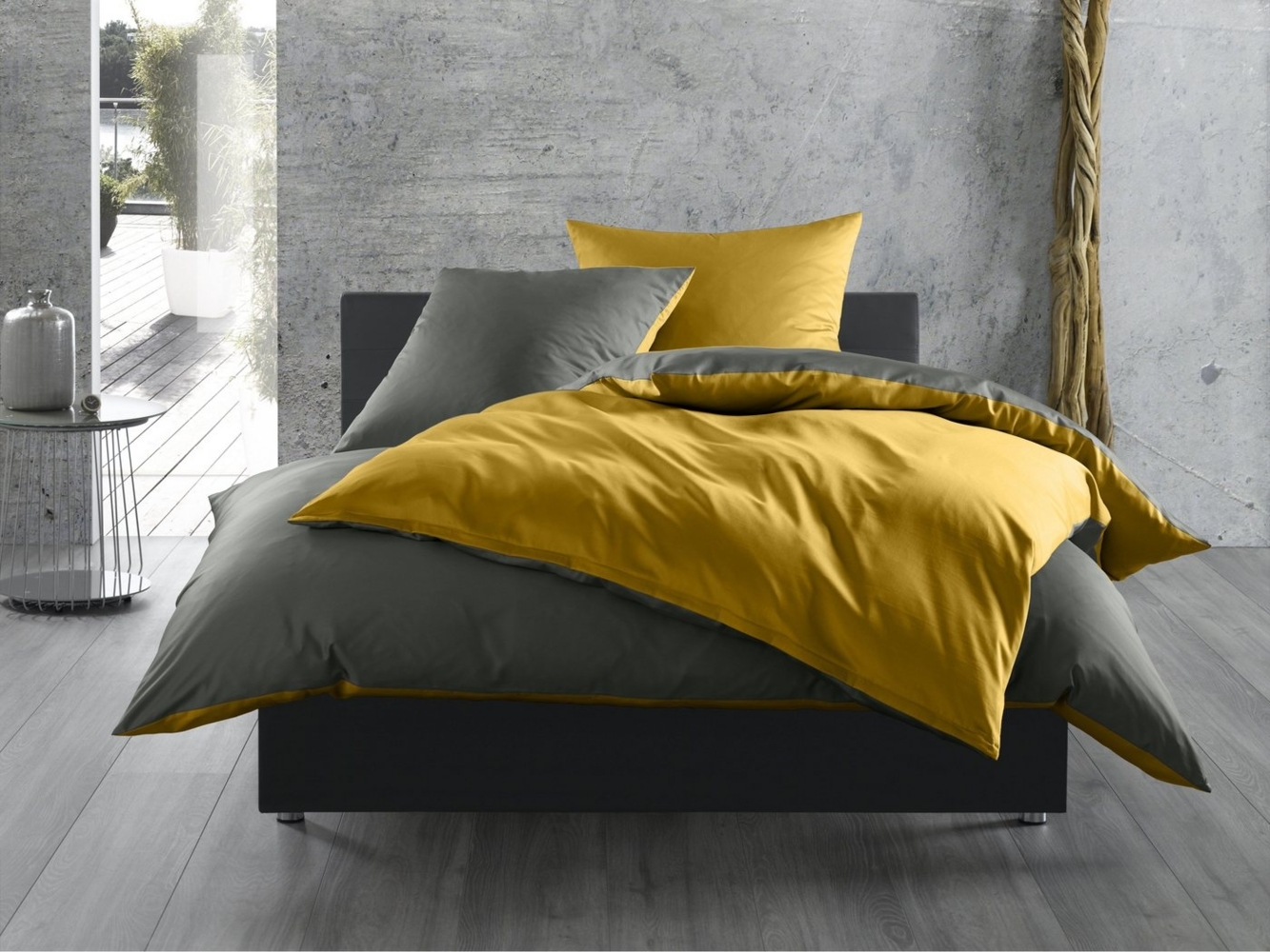 Mako Satin Wende Bettwäsche stahlgrau gold 240x220 + 2x 80x80 Bild 1