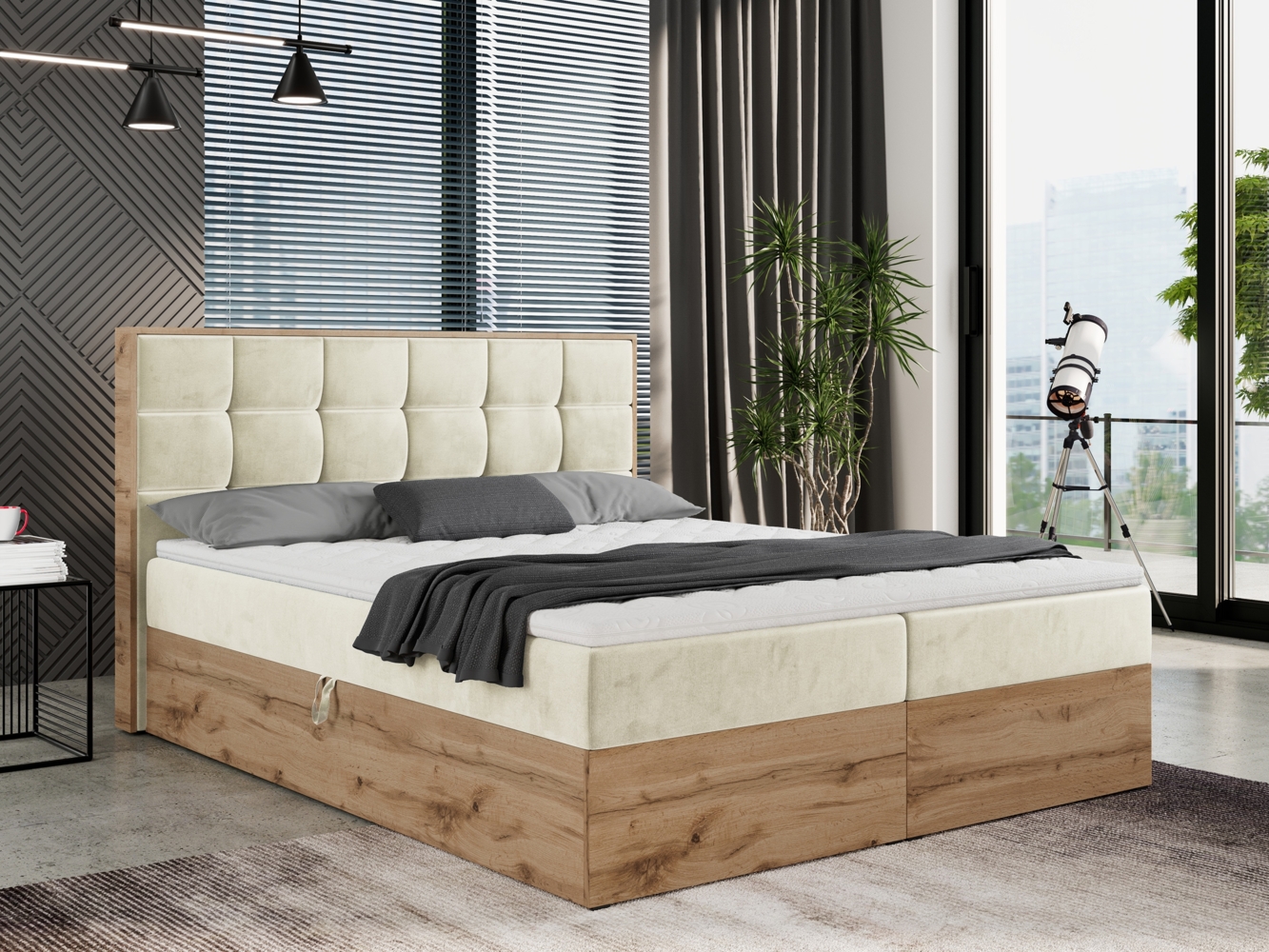 Boxspringbett mit Kopfteil und Topper, Polsterbett - ALBERO 1 - 160 x 200 cm - Beige Velvet - H4 Bild 1