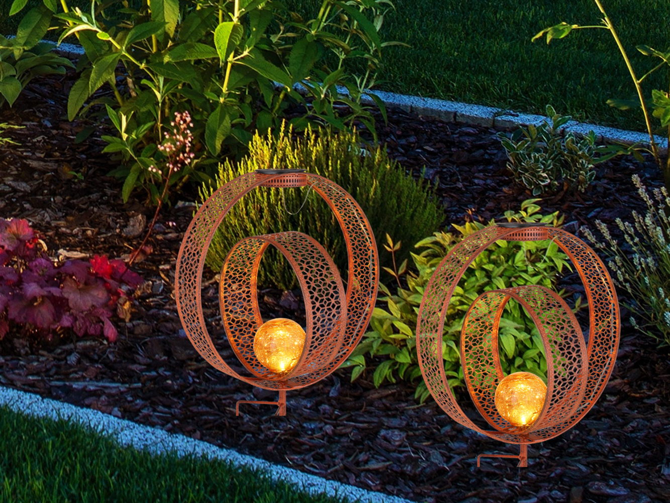 2er Set LED Solarleuchten Dekorstanzungen in Rostoptik & Crackleglas, Höhe 42cm Bild 1