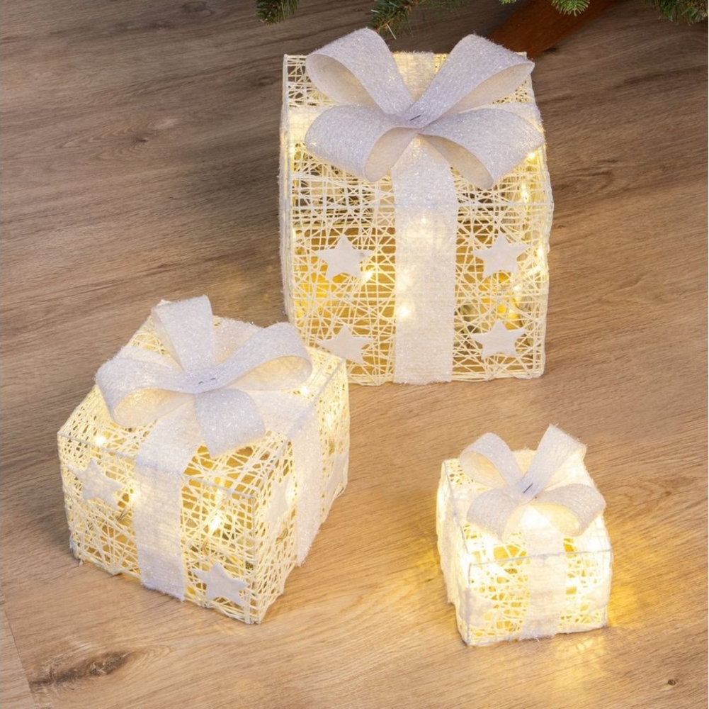 Spetebo LED Dekoobjekt LED Geschenkboxen mit Timer 3er Set - weiß, Timerfunktion, LED fest verbaut, warm weiß, Weihnachts Deko Boxen warm weiß beleuchtet Bild 1