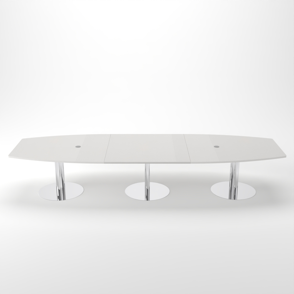 Rheinland Möbel Konferenztisch KONTI 400x130 cm – ovaler Besprechungstisch in Grau mit verchromten Säulenfüßen & 2 Kabelauslässen, erweiterbarer Meetingtisch für 12–14 Personen, moderner XXL-Tisch fürs Büro Bild 1