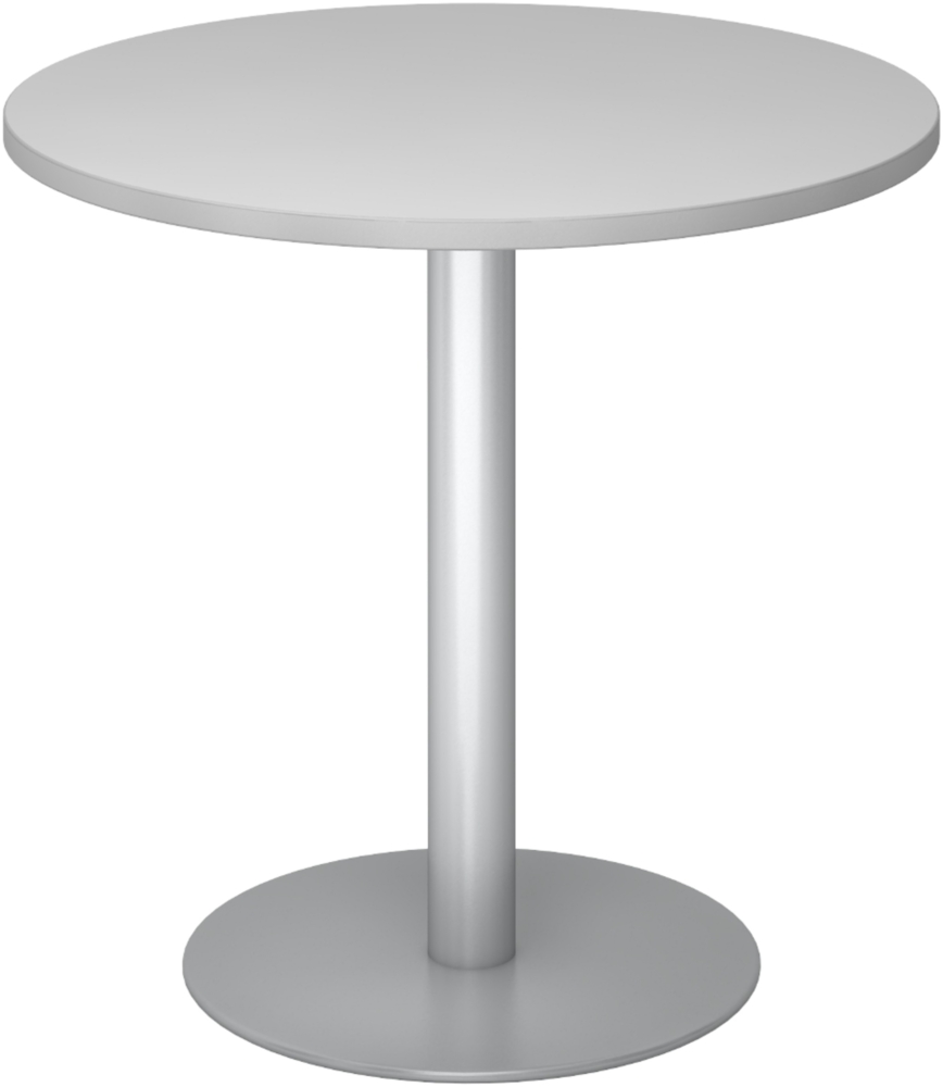 bümö Besprechungstisch, Esstisch klein, Tisch rund 80 cm - kleiner Esstisch grau, Rundtisch Esstisch 2 Personen mit Holz-Platte, Säule aus Metall in silber, Konferenztisch, Bistrotisch, STF08-5-S Bild 1