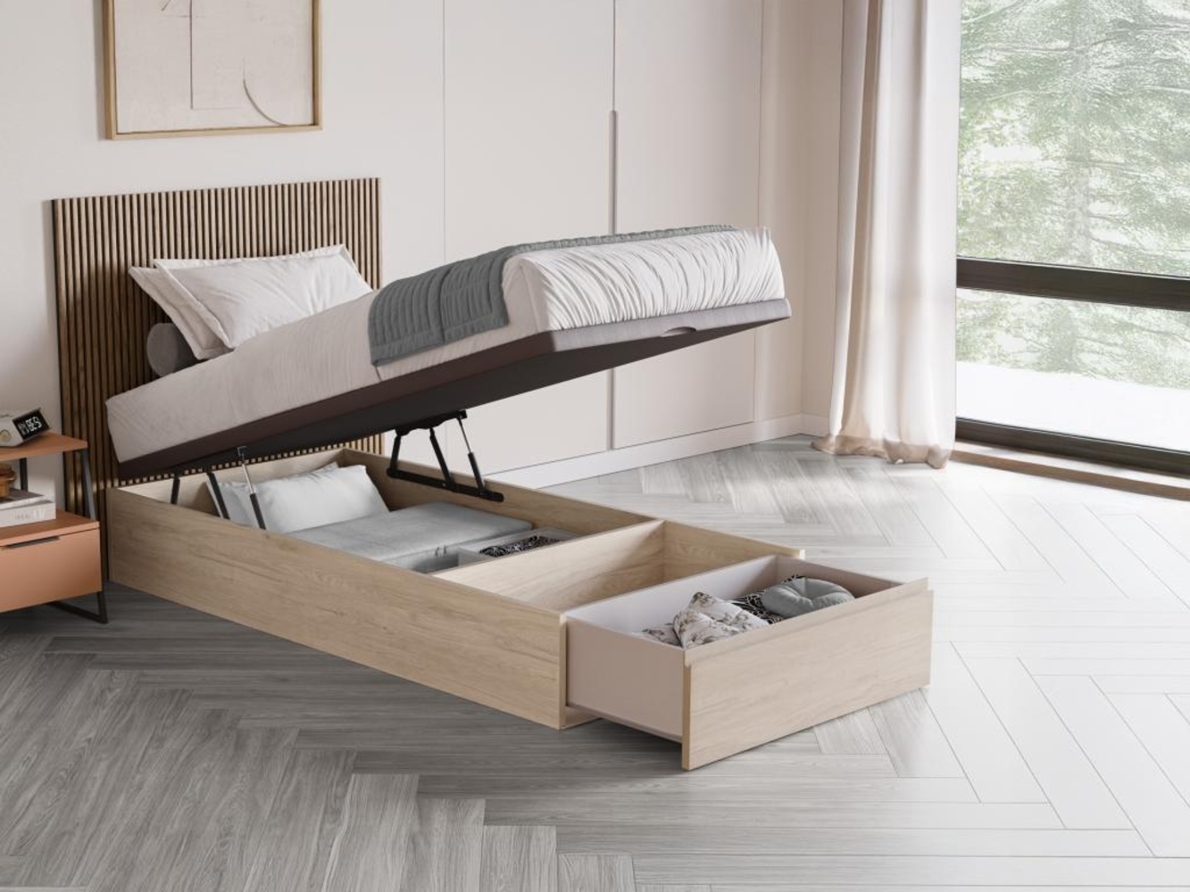 Vente-unique - Bettgestell mit Bettkasten mit Schublade - 90 x 200 cm - Holzfarben hell - HESTIA von YSMÉE Bild 1