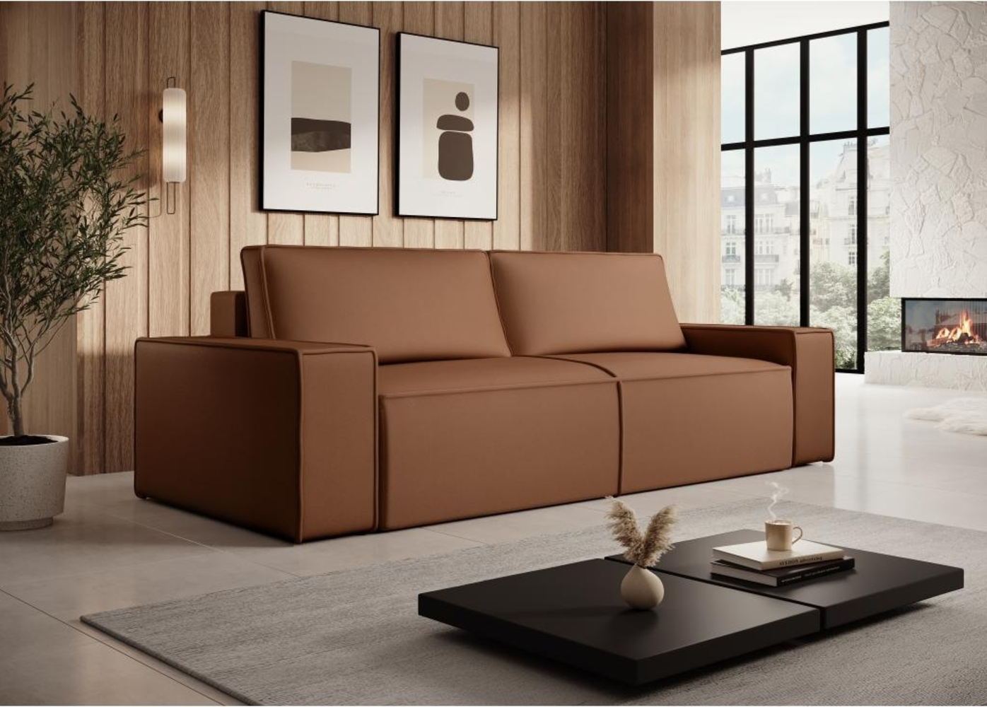 Vente-unique - Sofa mit Schlaffunktion 4-Sitzer - Stoff - Leder-Optik - Braun - AMELIA Bild 1