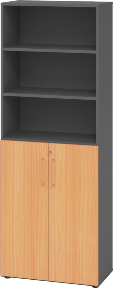 bümö Aktenregal & Schrank abschließbar, Büroschrank Regal Kombination Holz 80cm breit in Graphit/Buche - abschließbarer Schrank für's Büro & Arbeitszimmer, Büro Möbel Ordnerschrank, 968T3-G-6-BS Bild 1