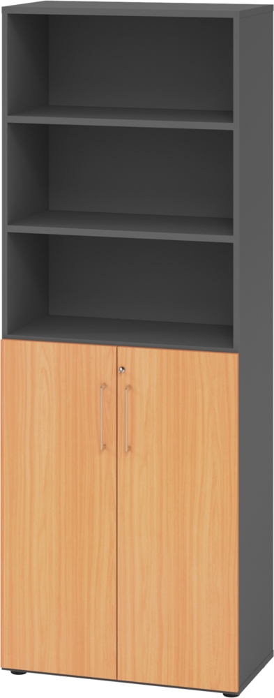 bümö Aktenregal & Schrank abschließbar, Büroschrank Regal Kombination Holz 80cm breit in Graphit/Buche - abschließbarer Schrank für's Büro & Arbeitszimmer, Büro Möbel Ordnerschrank, 968T3-G-6-BS Bild 1