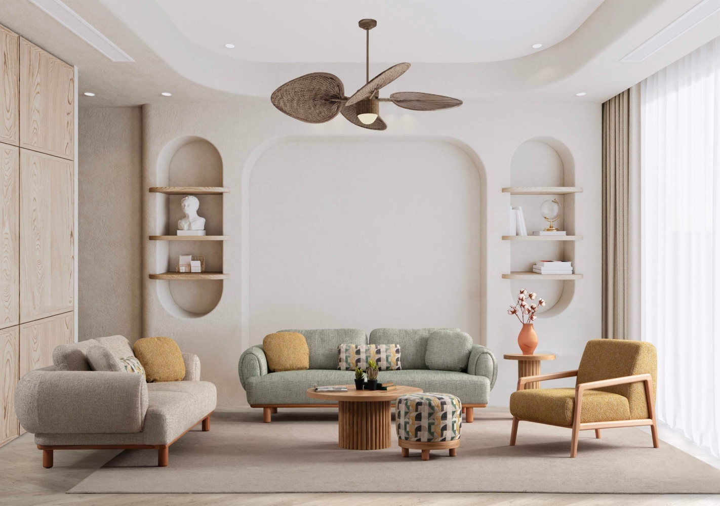 Sitzgruppe/Sofa Set - Wohnzimmergarnitur "Arborella" 3+3+1-Mintgrün/Beige/Gelb Bild 1