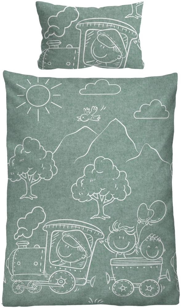 biberna Melange-Flanell Bettwäsche 0840521 LOKOMOTIVE, fichte, 1x 100x135 cm + 1x 40x60 cm Bild 1
