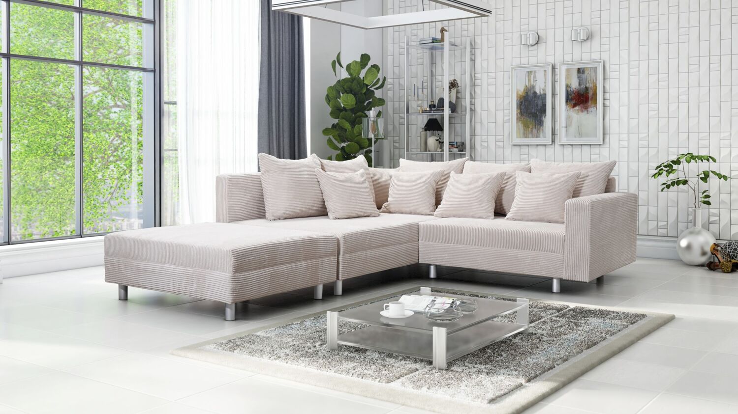 Wohnlandschaft Sofa Couch Ecksofa Eckcouch Cordstoff beige + Hocker Minsk L Bild 1